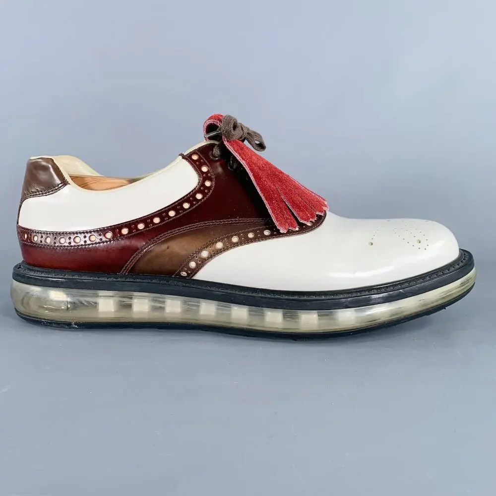 PRADA Size 12 White Burgundy Perforated Leather Lace-Up Shoes